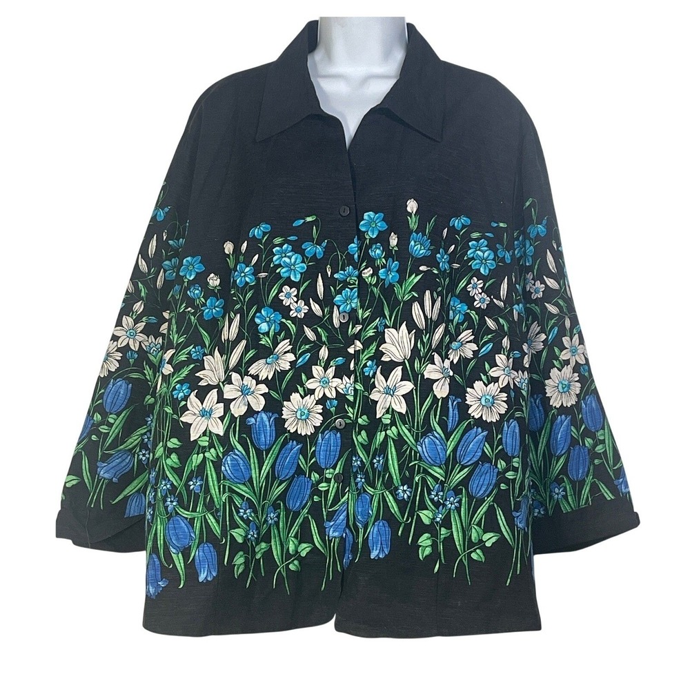 SILK LAND WOMAN Floral Print Silk Button Up Blouse Top 3X watercolor garden